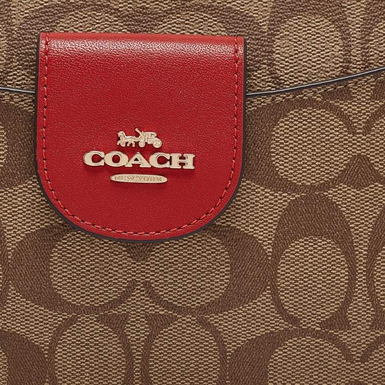 Pre Owned Coach Beige/Red Signature Coated Canvas and Leather Poppy Crossbody Clutch Bag