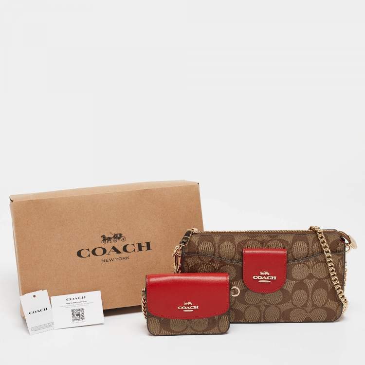 Pre Owned Coach Beige/Red Signature Coated Canvas and Leather Poppy Crossbody Clutch Bag