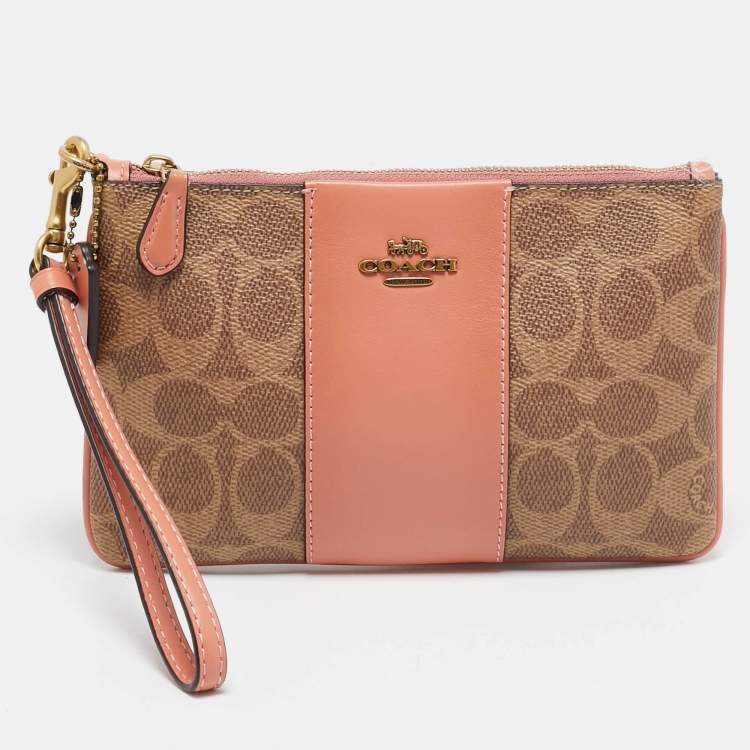 Coach Beige Peach Signature Coated Canvas and Leather Zip Wristlet Pouch Coach TLC