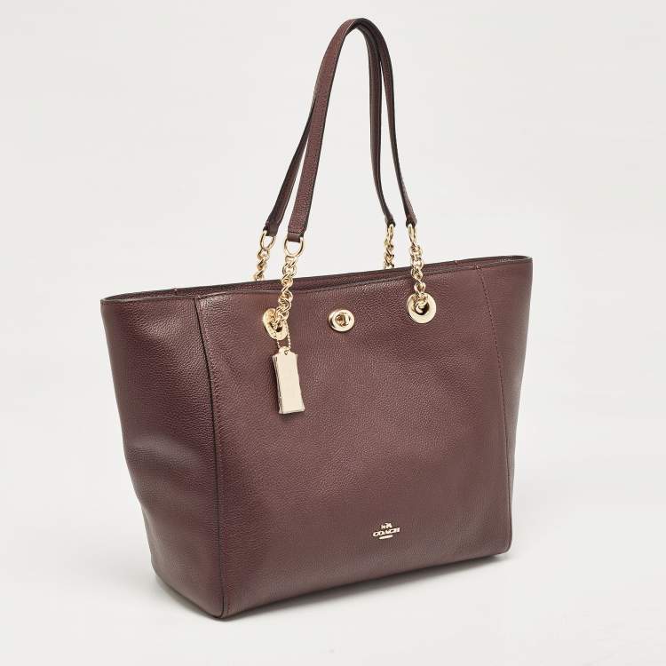 Pre Owned Coach Dark Burgundy Leather Turnlock Chain Tote