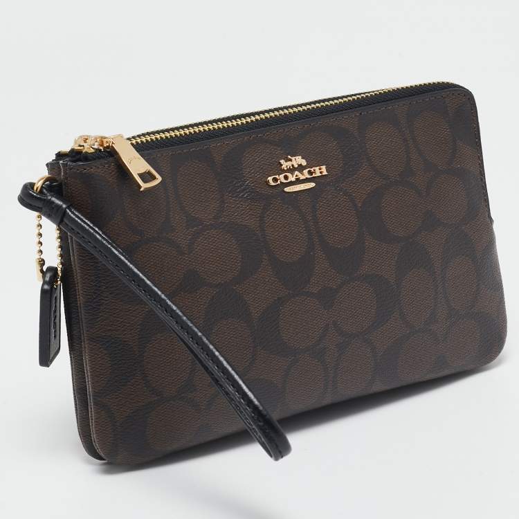Pre Owned Coach Brown/Black Signature Coated Canvas and Leather Double Zip Wristlet Pouch