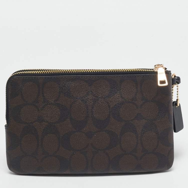 Pre Owned Coach Brown/Black Signature Coated Canvas and Leather Double Zip Wristlet Pouch