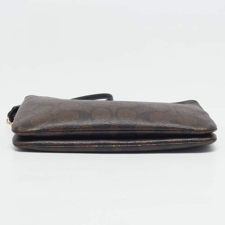 Pre Owned Coach Brown/Black Signature Coated Canvas and Leather Double Zip Wristlet Pouch