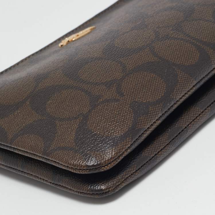 Pre Owned Coach Brown/Black Signature Coated Canvas and Leather Double Zip Wristlet Pouch