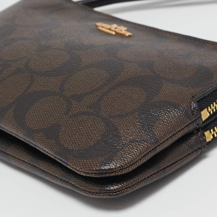 Pre Owned Coach Brown/Black Signature Coated Canvas and Leather Double Zip Wristlet Pouch