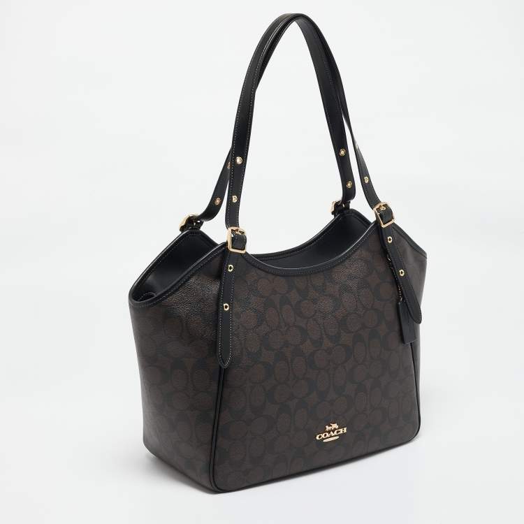 Pre Owned Coach Black/Brown Signature Coated Canvas Meadow Shoulder Bag