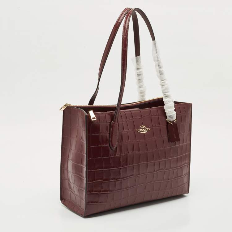 Pre Owned Coach Burgundy Croc Embossed Leather Nina Tote