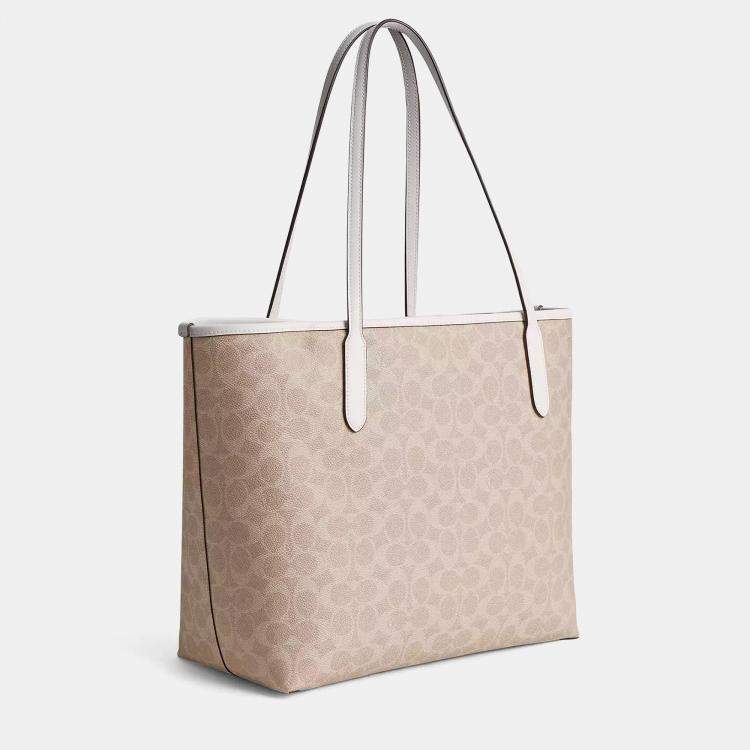 Pre Owned Coach City Tote Signature Canvas Beige Handbag