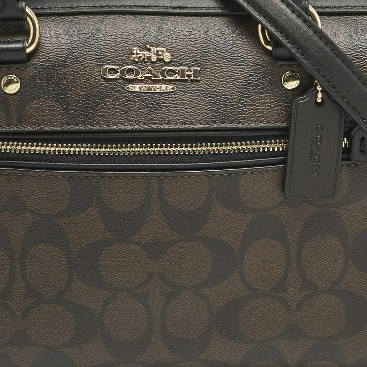 Pre Owned Coach Brown/Black Signature Coated Canvas and Leather Rowan Satchel