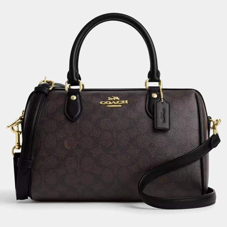 Pre Owned Coach Rowan Signature Canvas Walnut, Black Leather Satchel Bag