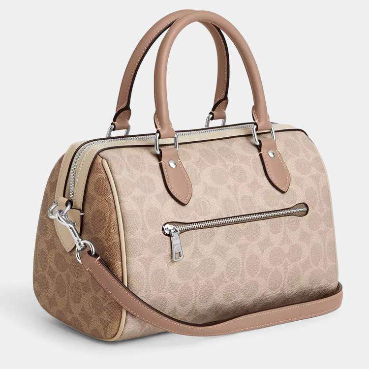 Pre Owned Coach Rowan Blocked Signature Canvas Sand Leather Satchel Bag