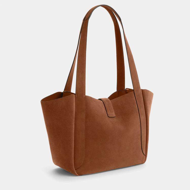 Pre Owned Coach Hadley Turnlock Tan Suede Tote Bag