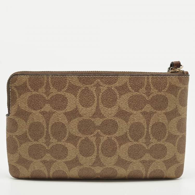 Pre Owned Coach Corner Zip Beige Signature Coated Canvas Wristlet Pouch