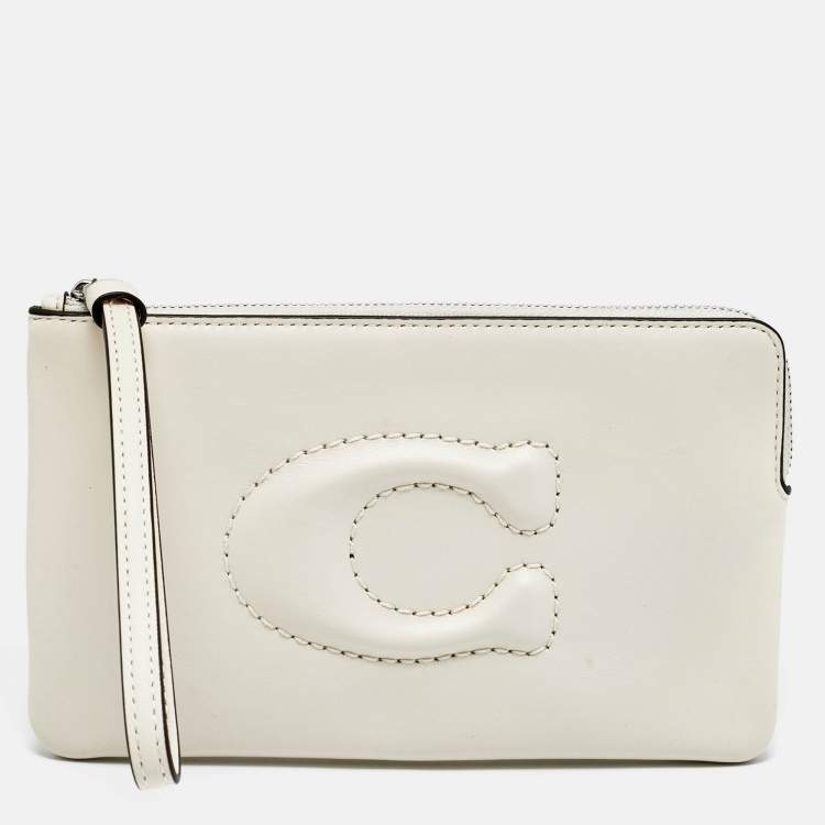 Pre Owned Coach Corner Zip Off White Leather Wristlet Pouch