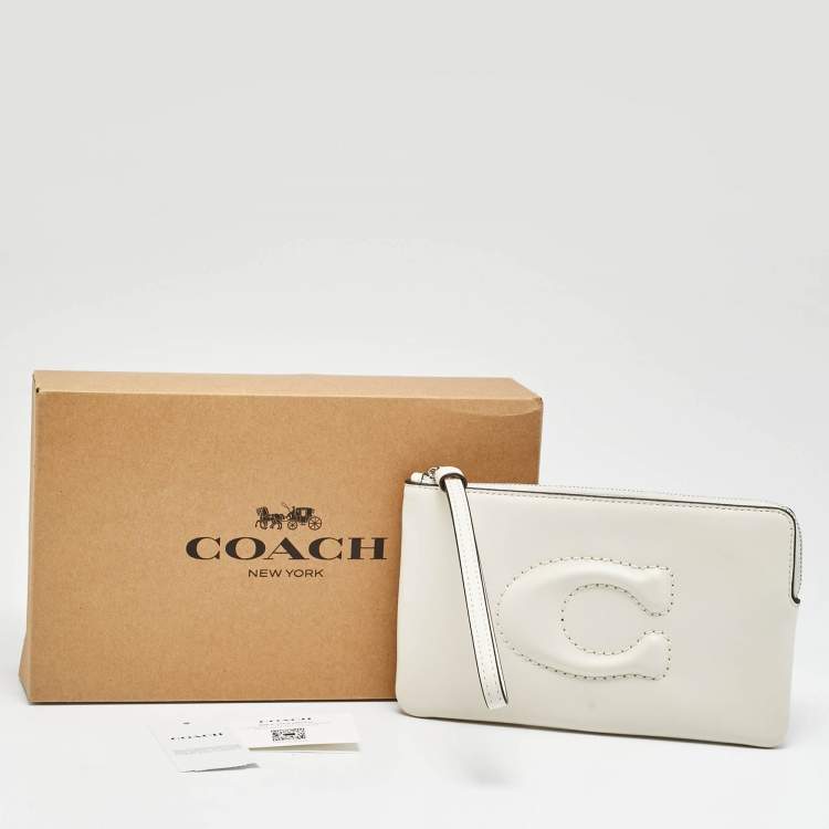Pre Owned Coach Corner Zip Off White Leather Wristlet Pouch