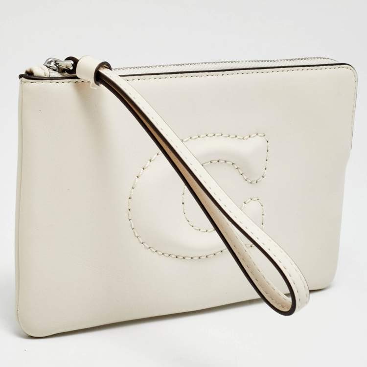 Pre Owned Coach Corner Zip Off White Leather Wristlet Pouch