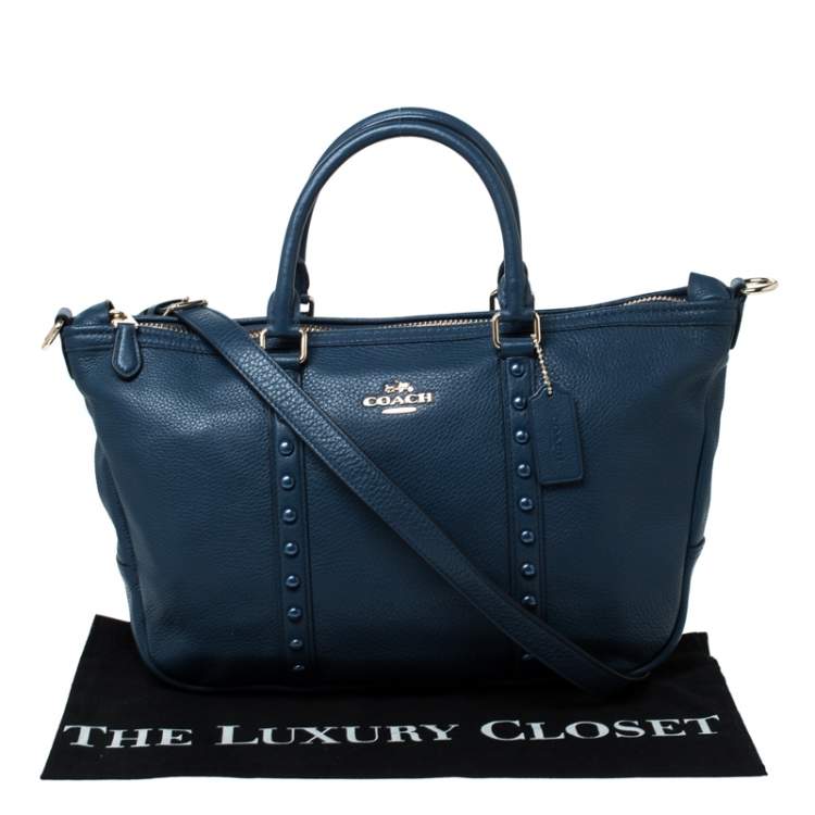 Pre Owned Coach Blue Pebbled Leather Studded Satchel 