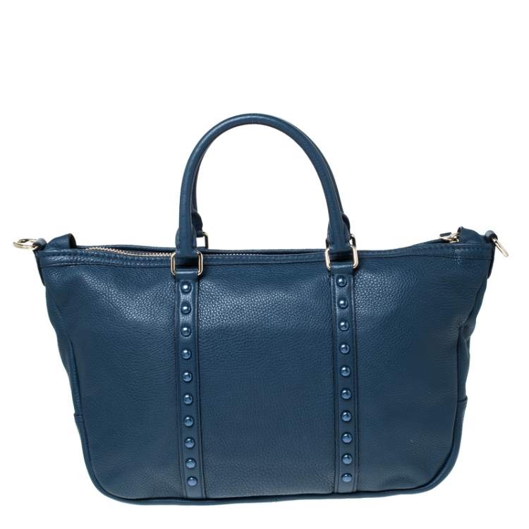 Pre Owned Coach Blue Pebbled Leather Studded Satchel 