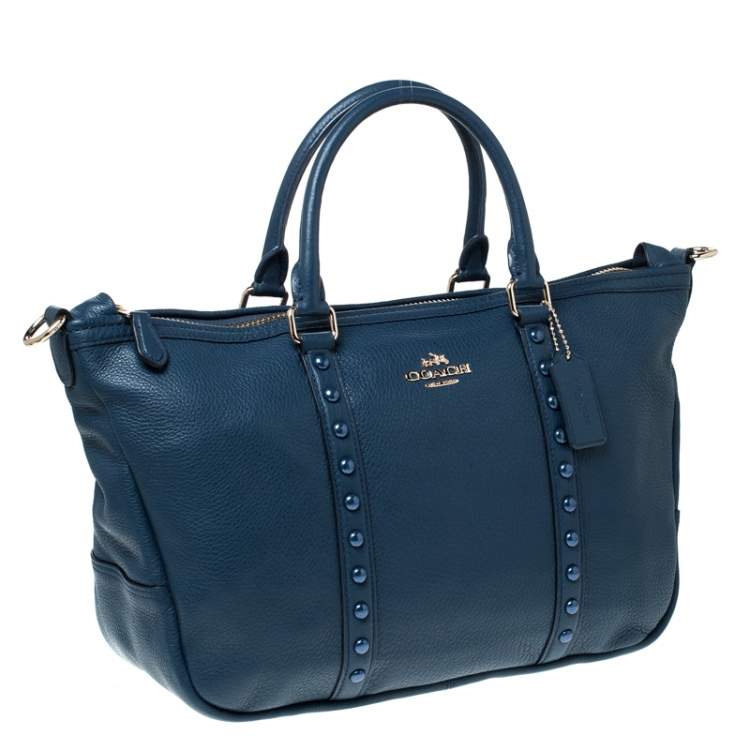 Pre Owned Coach Blue Pebbled Leather Studded Satchel 