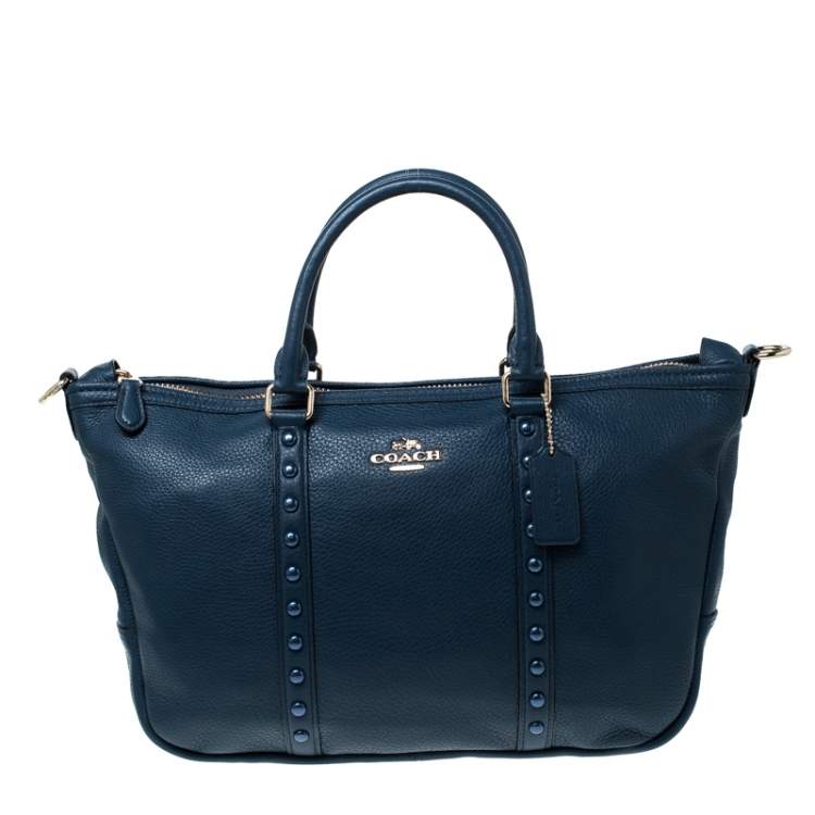 Pre Owned Coach Blue Pebbled Leather Studded Satchel 