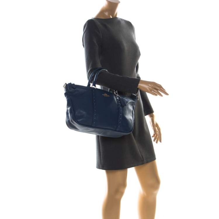 Pre Owned Coach Blue Pebbled Leather Studded Satchel 