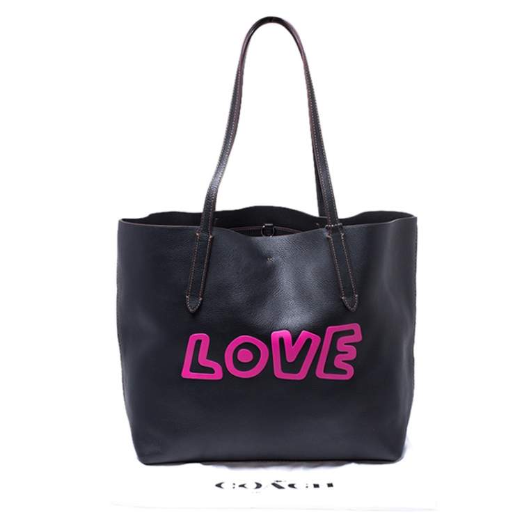 Pre Owned Coach Black Leather Keith Haring Love Shopper Tote