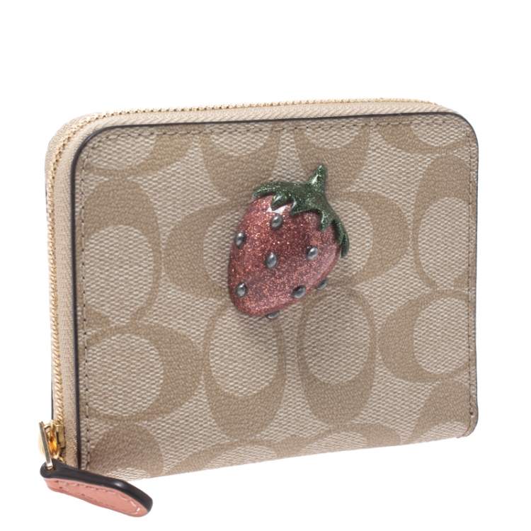 Pre Owned Coach Beige Signature Coated Canvas Strawberry Zip Around Wallet     