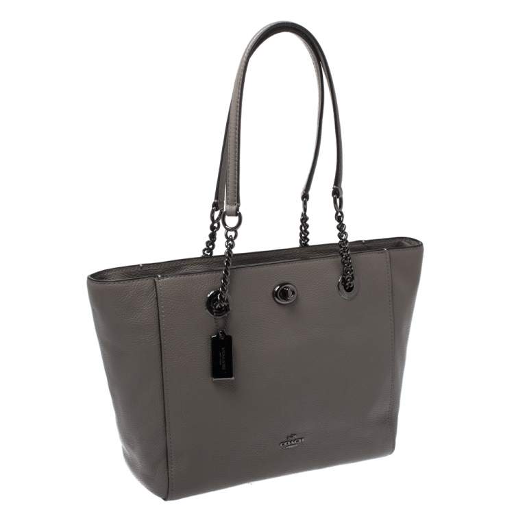 Pre Owned Coach Grey Leather Turnlock Tote