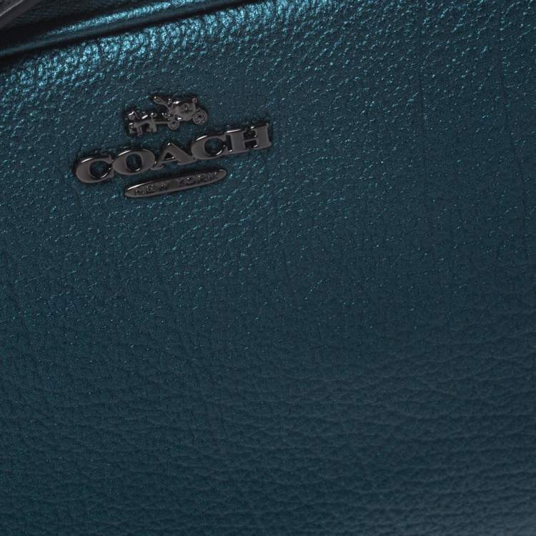 Pre Owned Coach Metallic Green Leather Double Zip Crossbody Bag