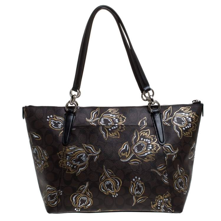 Pre Owned Coach Brown Signature Printed Coated Canvas Ava Top-Zip Tote