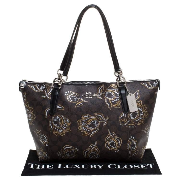 Pre Owned Coach Brown Signature Printed Coated Canvas Ava Top-Zip Tote