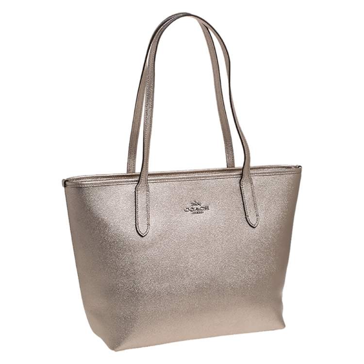 Pre Owned Coach Metallic Gold Leather Top-Zip Tote 
