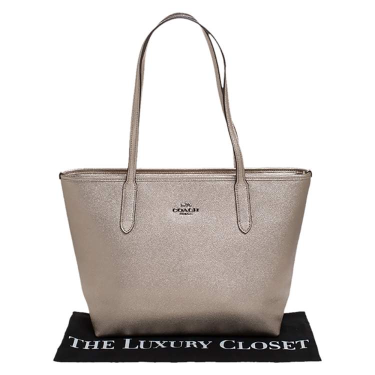Pre Owned Coach Metallic Gold Leather Top-Zip Tote 