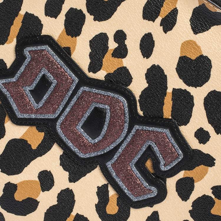 Pre Owned Coach Beige/Black Leopard Print Coated Canvas Large Disney Snow DOC Clutch
