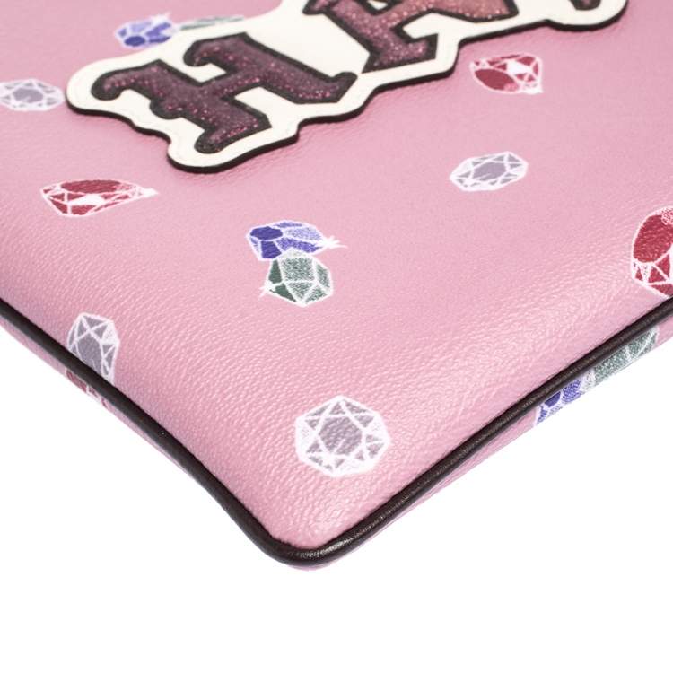 Pre Owned Coach Pink Coated Canvas Large Happy Disney Snow Clutch