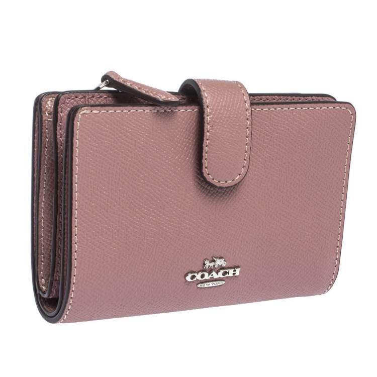 Pre Owned Coach Pink Textured Leather Compact Wallet
