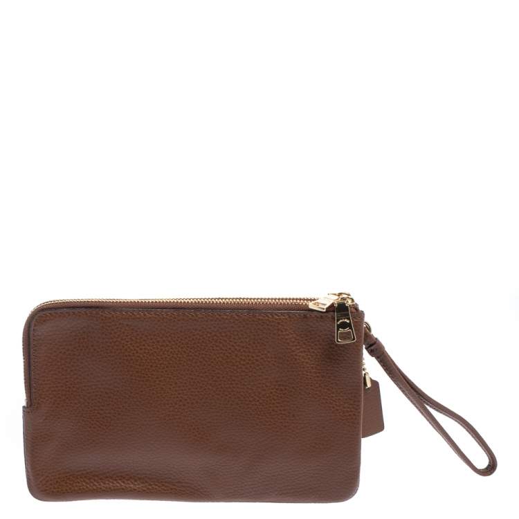 Pre Owned Coach Brown Leather Double Zip Wristlet Clutch