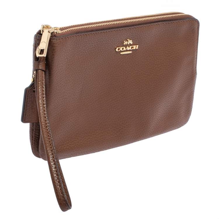 Pre Owned Coach Brown Leather Double Zip Wristlet Clutch
