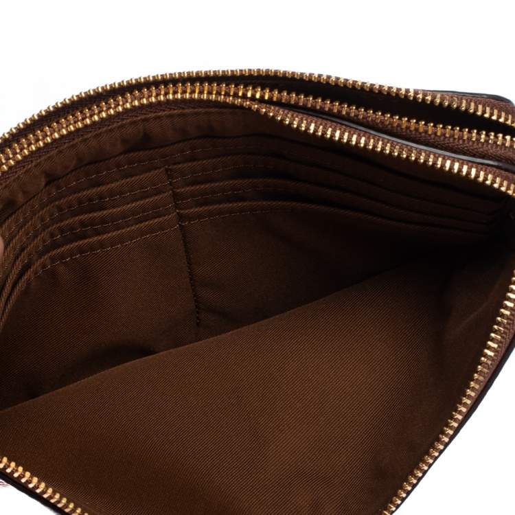 Pre Owned Coach Brown Leather Double Zip Wristlet Clutch