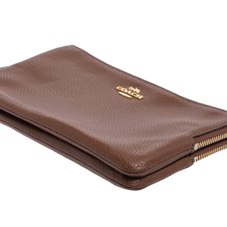 Pre Owned Coach Brown Leather Double Zip Wristlet Clutch