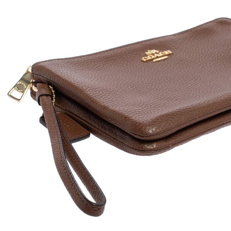 Pre Owned Coach Brown Leather Double Zip Wristlet Clutch