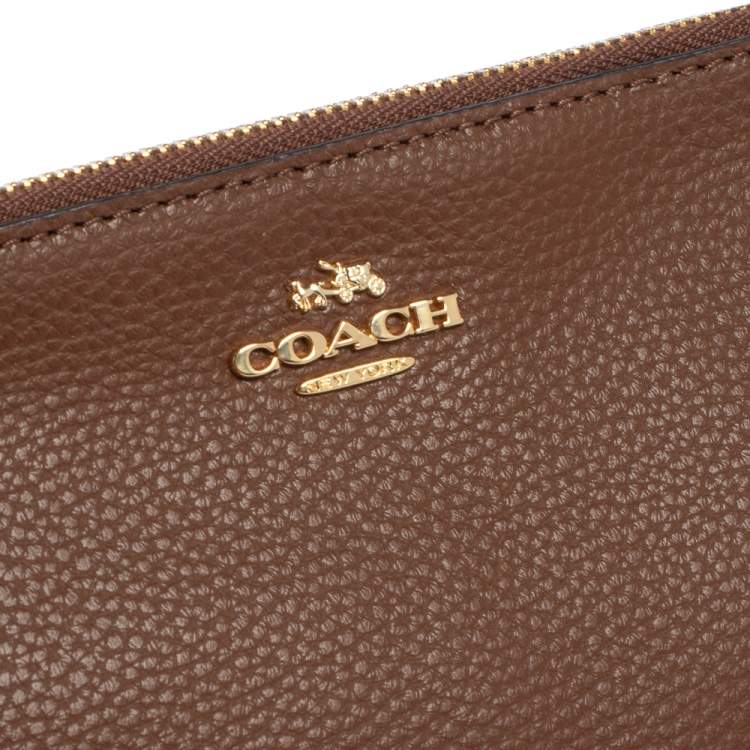 Pre Owned Coach Brown Leather Double Zip Wristlet Clutch