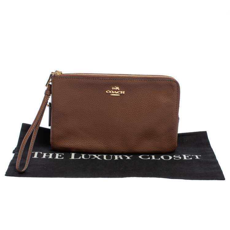 Pre Owned Coach Brown Leather Double Zip Wristlet Clutch