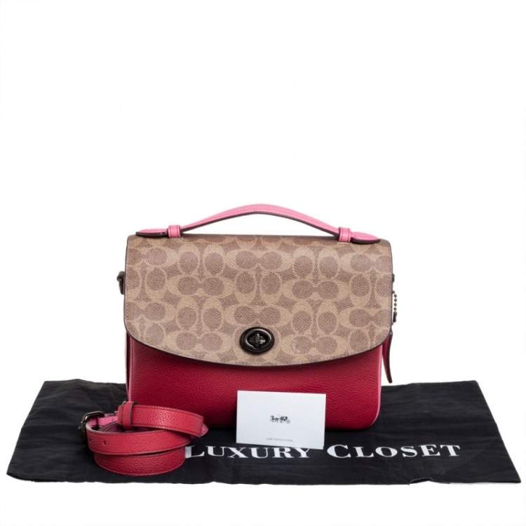 Pre Owned Coach Pink/Red Signature Coated Canvas and Leather Cassie Top Handle Bag