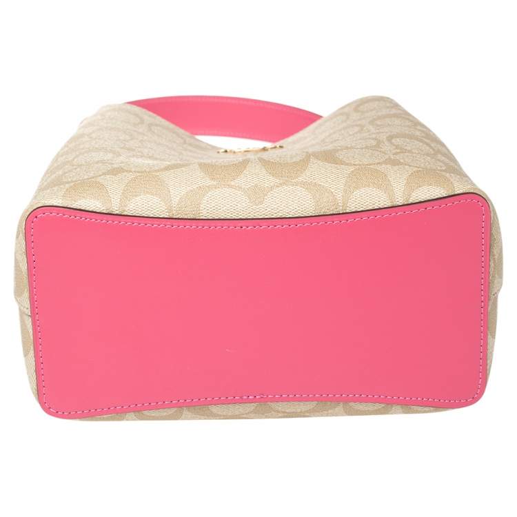 Pre Owned Coach Beige/Pink Signature Coated Canvas and Leather Small Town Bucket Bag