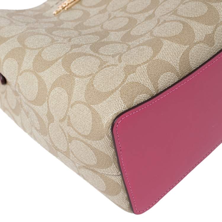 Pre Owned Coach Beige/Pink Signature Coated Canvas and Leather Small Town Bucket Bag