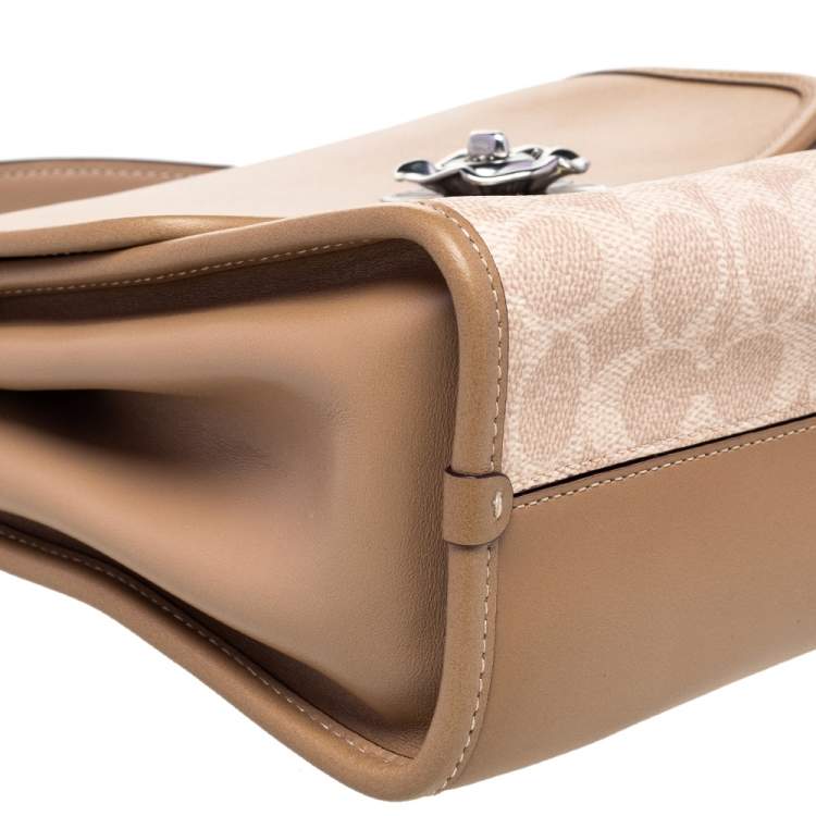 Pre Owned Coach Beige Signature Coated Canvas And Leather Parker Top Handle Bag