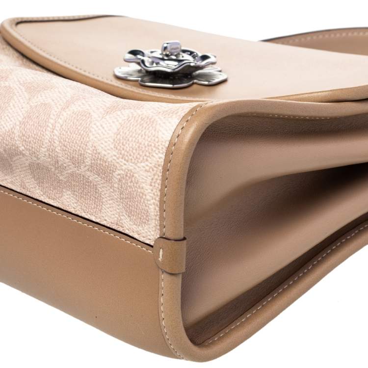Pre Owned Coach Beige Signature Coated Canvas And Leather Parker Top Handle Bag