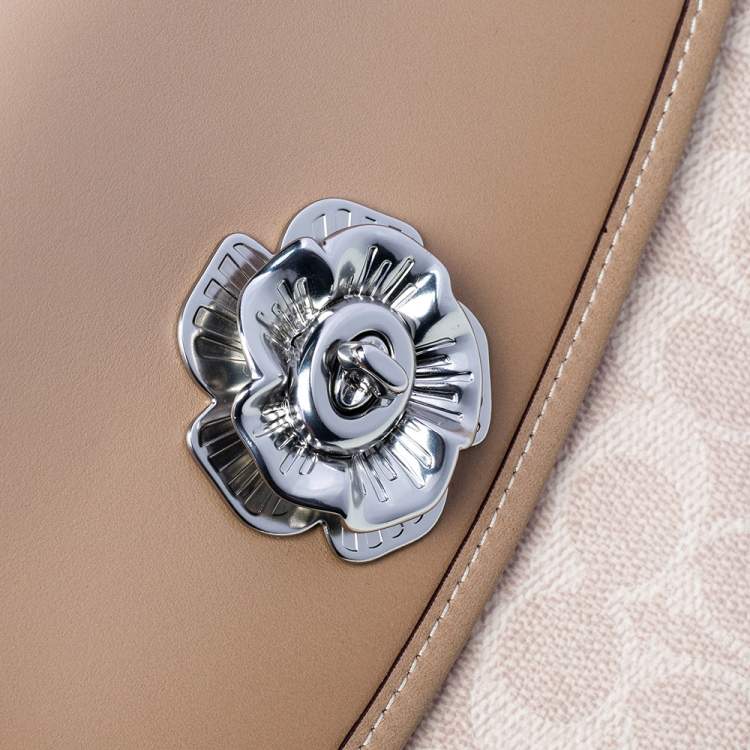 Pre Owned Coach Beige Signature Coated Canvas And Leather Parker Top Handle Bag