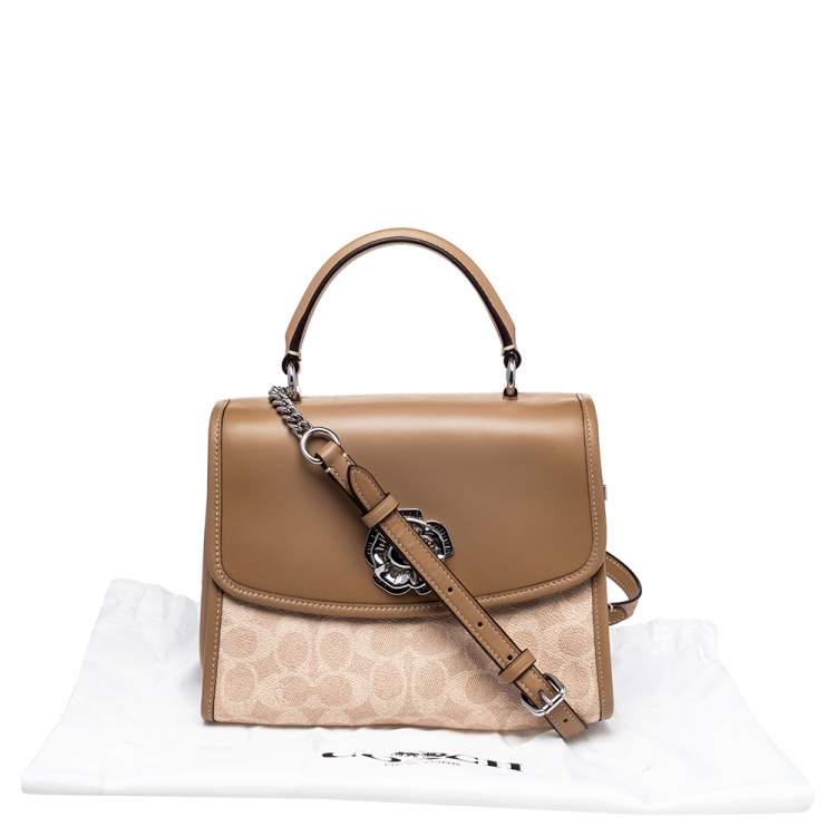 Pre Owned Coach Beige Signature Coated Canvas And Leather Parker Top Handle Bag